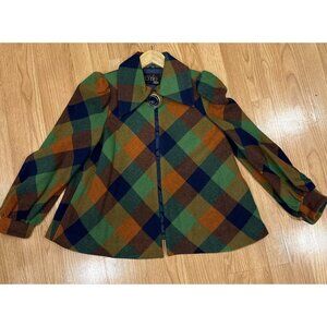 Vintage 60s Connie Tokyo Japan Women’s Wool Plaid Mod Coat Small Jewel Buttons